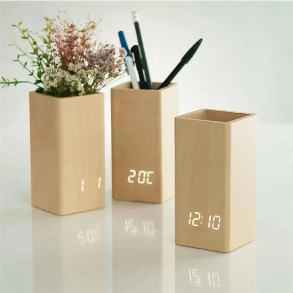 wooden alarm clock digital temperature pen holder table clock for gift promotion with cheapest price led desk clock logo custom - Image 6