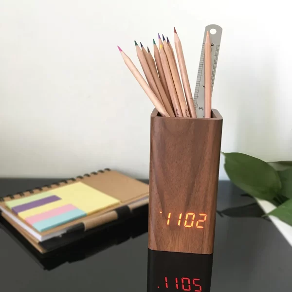 wooden alarm clock digital temperature pen holder table clock for gift promotion with cheapest price led desk clock logo custom - Image 3